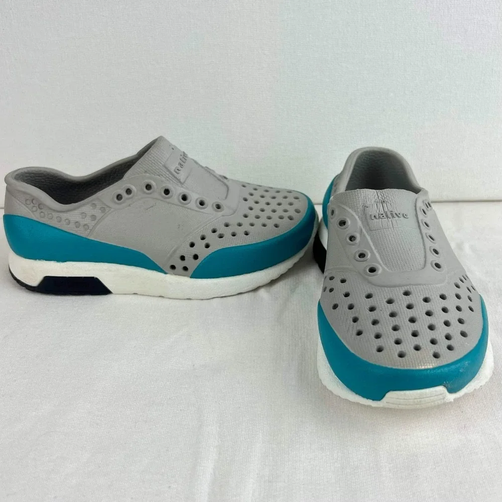 EUC Native Shoes Kids Grey Teal Slip On Water Sneakers Summer C7